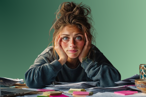 Jeune femme brune assise devant une pile de papiers administratifs, l’air paniqué mais déterminé, entourée de post-it, d’un ordinateur portable et d’une tasse de thé – illustration représentant la charge mentale liée à la fiscalité location saisonnière.
