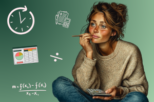 Jeune femme pensive tenant une calculatrice, assise en tailleur avec un crayon à la main. Autour d’elle, des illustrations symbolisant le temps, les finances et les calculs. L’arrière-plan vert suggère une ambiance calme et analytique, évoquant la réflexion sur le budget nécessaire pour ouvrir un gîte.