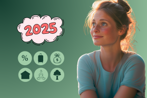 Jeune femme souriante regardant vers la droite, à côté plusieurs voyants au vert allumés et de l’année “2025” en lettres lumineuses. Illustration symbolisant le bon moment pour se lancer dans un projet de location courte durée en 2025.