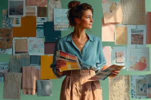 Jeune femme en pleine réflexion artistique, debout devant un mur d’inspirations décoratives, comparant des palettes de couleurs dans un espace lumineux et créatif — illustration représentant le processus de création d’un projet Airbnb rentable et différenciant.